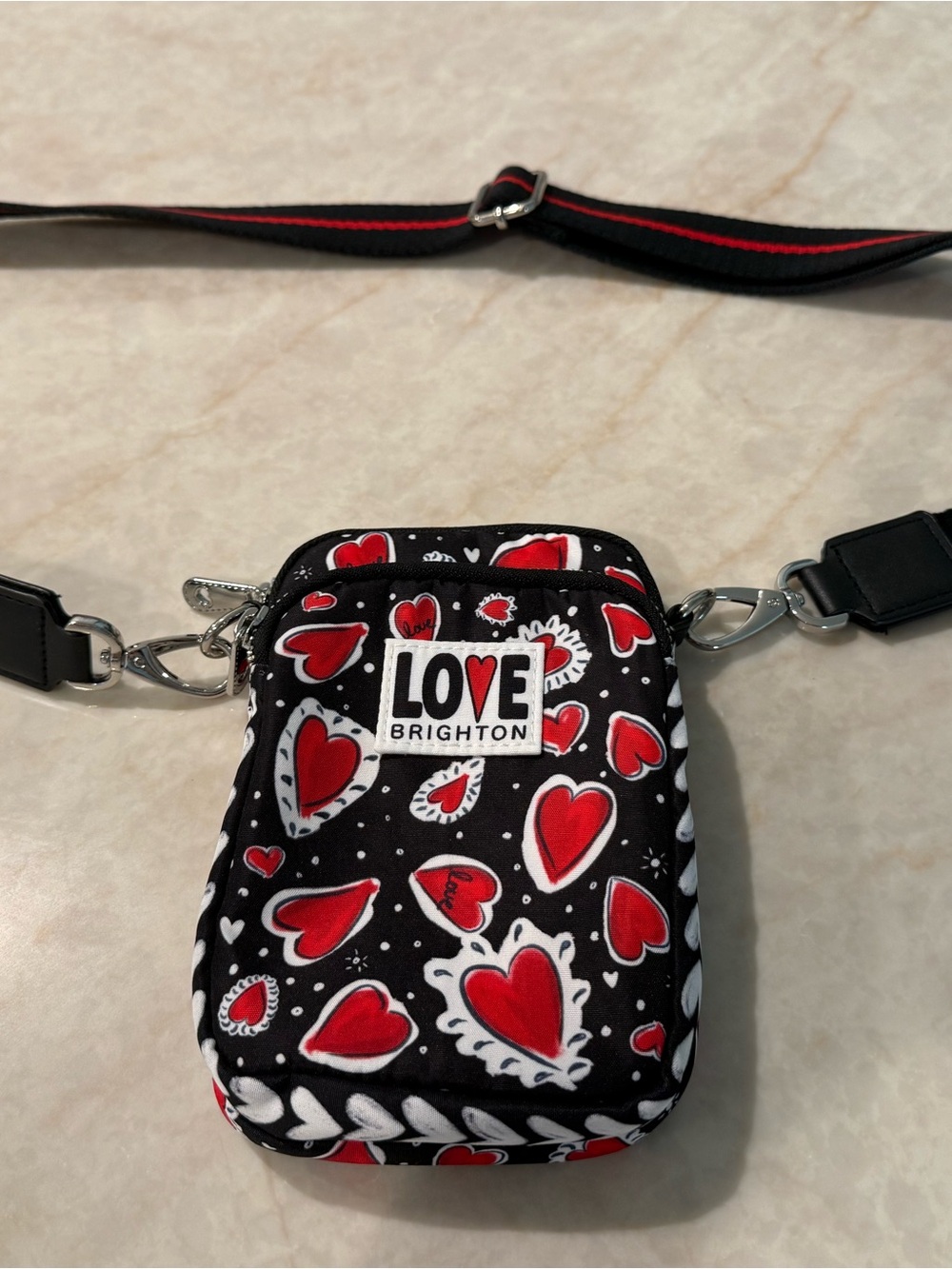 Brighton Black & Red Heart Print Crossbody Phone Pouch